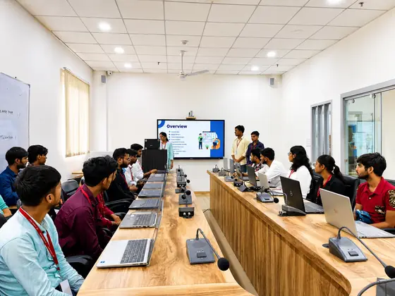 The training room at the SSS centre, laptops down both sides of a long wooden bench and a slide on screen